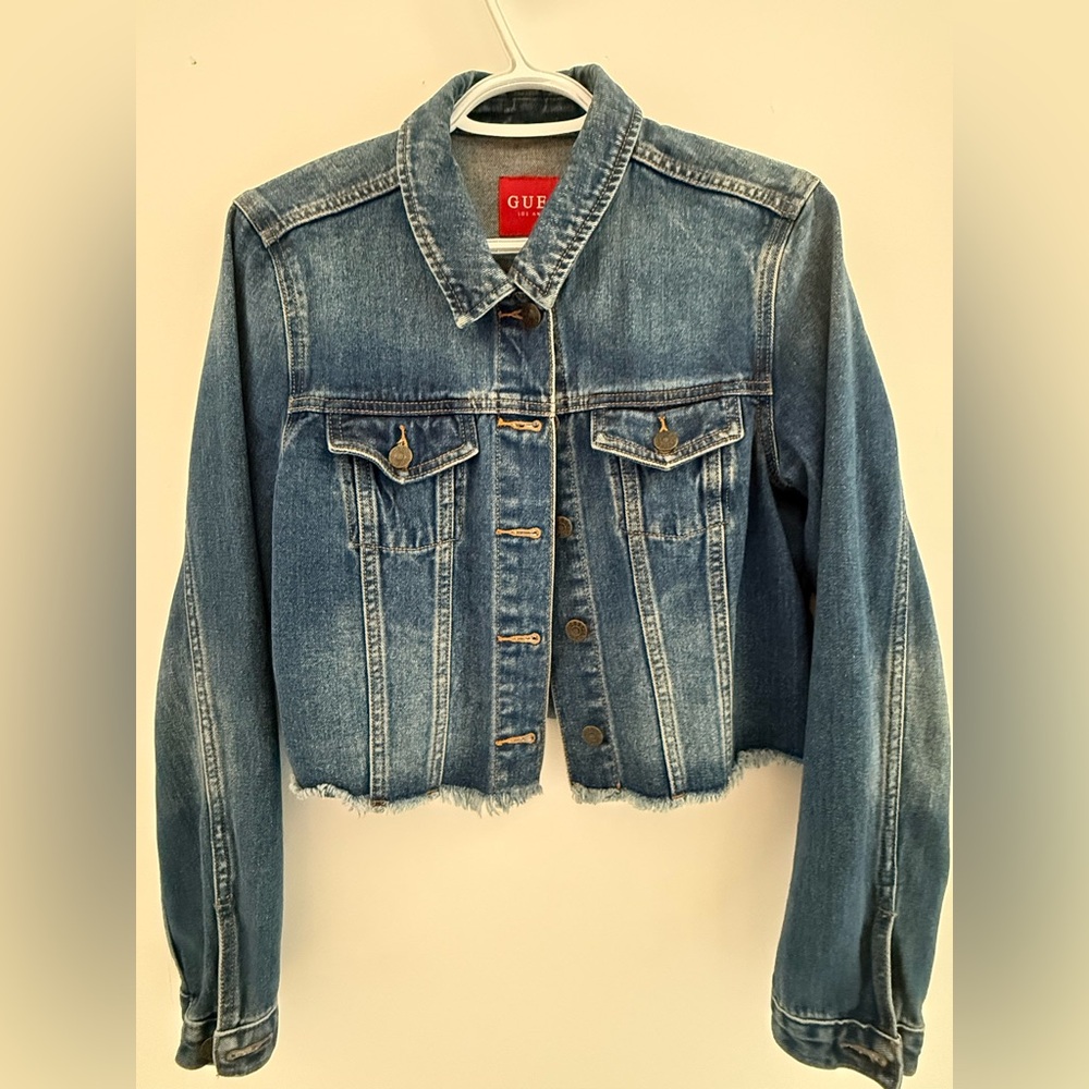Guess Distressed Crop Blue Denim Jacket